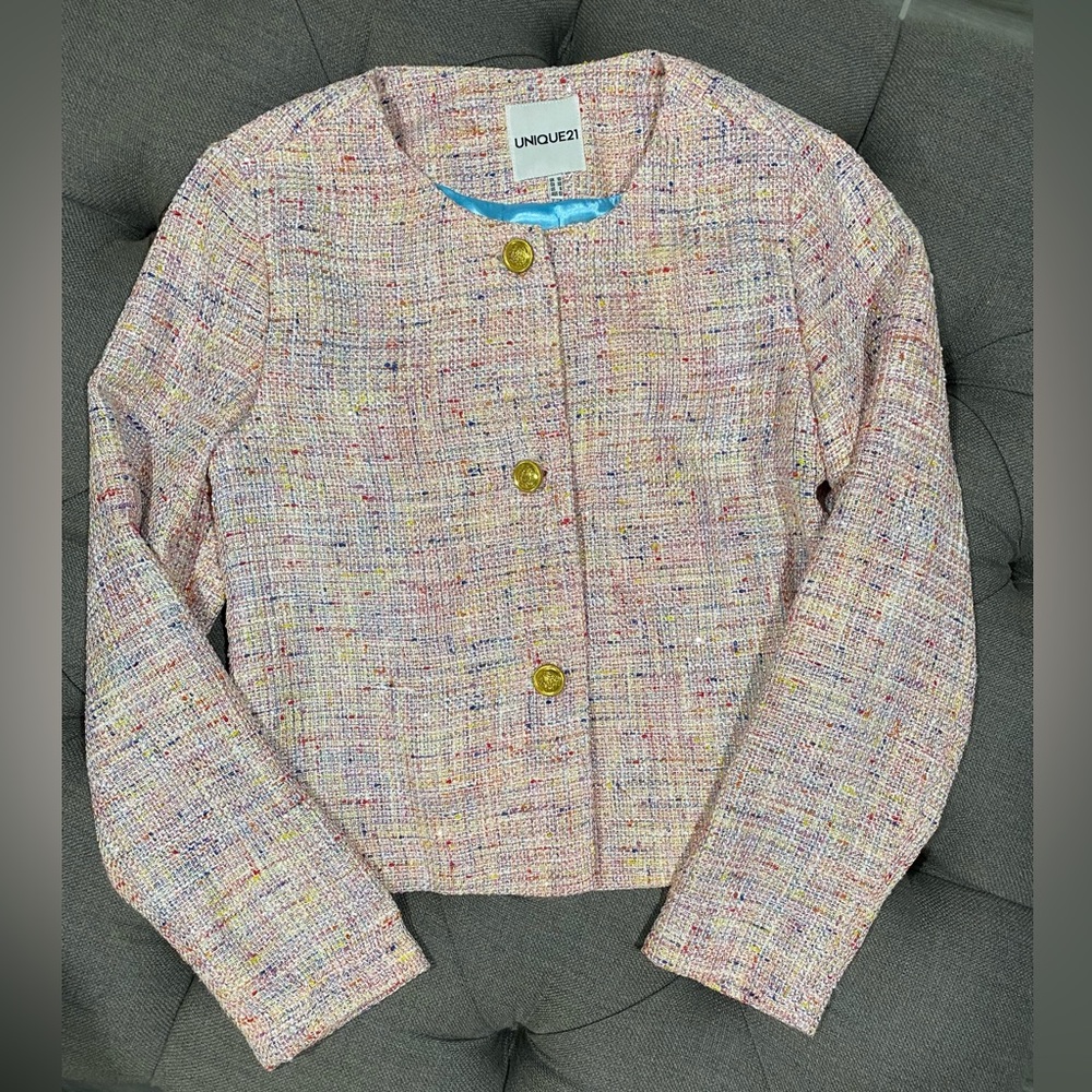 UNIQUE21 - 2 PIECE SET - Tweed Long Sleeve Fitted Blazer & Mini Skirt - Pink